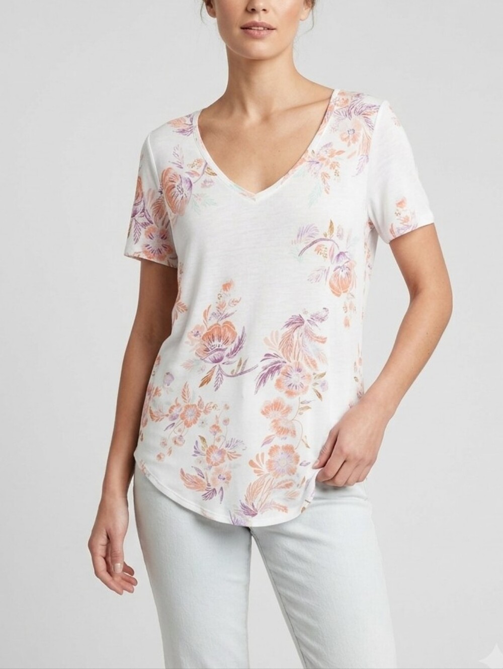MUDD Floral Soft V-Neck Oversized Short Sleeve Tee Casual Orange Purple XL